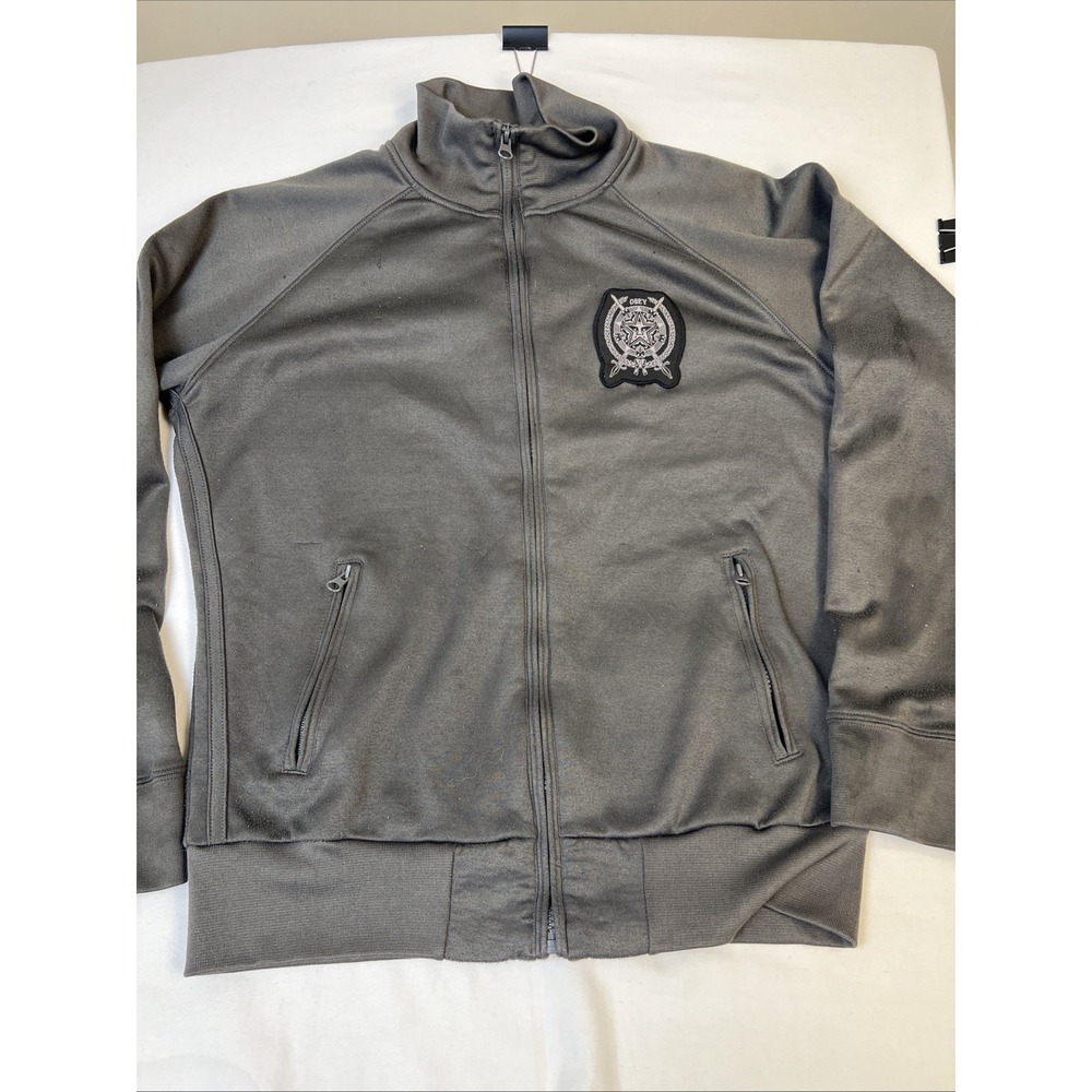 Obey Propaganda Mens Grey Full Zip Track Jacket Crest Patch Size Medium
